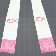 White and Pink Satin Clergy Stole with Jesus Fish