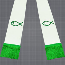 White and Emerald Green Satin Clergy Stole with Jesus Fish