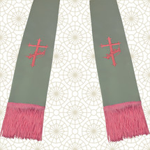 Gray and Pink Satin Clergy Stole with Cross & Crown