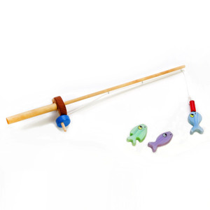 Our wooden fishing pole toy is tons of fun! Simply lower the magnetic bait towards the wooden fish, watch the magnets connect, then reel in the catch! Repeat. Catching a fish proves to be just challenging enough to be fun for children ages 3 and older without being frustrating. 