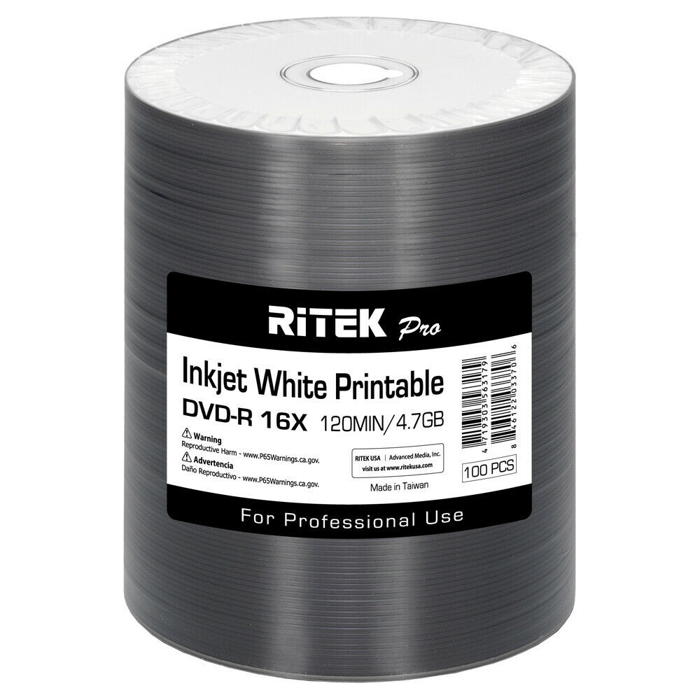 Ritek Pro DVD-R 4.7GB 16X White Inkjet Hub Printable, 100-Pack - Rima.com