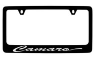 Chevrolet Camaro Script Black Powder Coated License Plate Frame with Clear Epoxy Filled Imprint