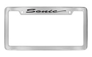 Chevrolet Sonic Script Top Engraved Chrome Plated Brass License Plate Frame with Black Imprint