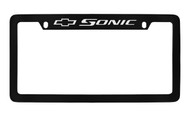 Chevrolet -Sonic with Logo Top Engraved Black Coated Zinc License Plate Frame with Silver Imprint
