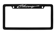 Chevrolet Chevy Script Top Engraved Black Coated Zinc License Plate Frame with Silver Imprint