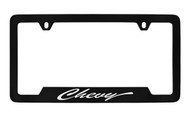 Chevrolet Chevy Script Bottom Engraved Black Coated Zinc License Plate Frame with Silver Imprint