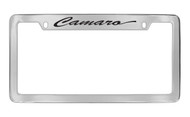 Chevrolet Camaro Script Top Engraved Chrome Plated Brass License Plate Frame with Black Imprint