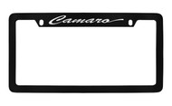 Chevrolet Camaro Script Top Engraved Black Coated Zinc License Plate Frame with Silver Imprint