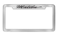 Chevrolet Malibu with Logo Script Top Engraved Chrome Plated Brass License Plate Frame with Black Imprint