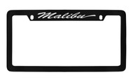 Chevrolet Malibu Script Top Engraved Black Coated Zinc License Plate Frame with Silver Imprint