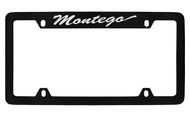 Mercury Montego Script Top Engraved Black Coated Zinc 4 Hole License Plate Frame with Silver Imprint