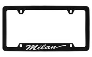 Mercury Milan Script Bottom Engraved Black Coated Zinc 4 Hole License Plate Frame with Silver Imprint