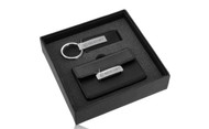 Mercury Engraved Black Leather Matte Chrome Business Card Case and Keychain Gift Set In Deluxe Box