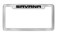 GMC Savana Chrome Plated Solid Brass Top Engraved License Plate Frame Holder with Black Imprint