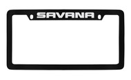 GMC Savana Black Coated Zinc Top Engraved License Plate Frame Holder with Silver Imprint