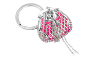 Chrome Plated Purse Key Chain with Pink Epoxy and Pink Crystals