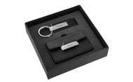 Black Leather Matt Chrome Card Case Keychain Gift Set In Grey Deluxe Box