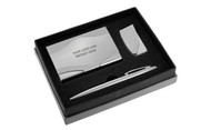 Chrome-Satin Two Tone Card Case Money Clip Ball Pen Gift Set In Grey Deluxe Box