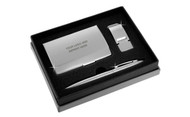 Satin Money Clip Card Case Ball Pen Gift Set In Grey Deluxe Box