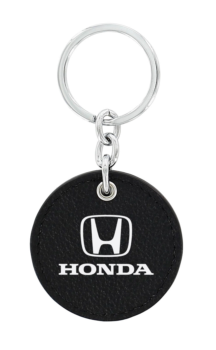 HONDA Pear shaped Black Real Leather Keyring With Printed Round Logo NEW 