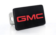 Black Powder Coated Rectangular Hitch Cover with UV Printed Red GMC Logo
