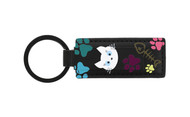 Rectangular Shape Black Leather Key Chain with UV Printed Graphic — Cute Cat & Paw Prints Imprint