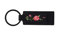 Rectangular Shape Black Leather Key Chain with UV Printed Graphic —  Rose Floral Imprint