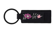 Rectangular Shape Black Leather Key Chain with UV Printed Graphic —  Pink Purple Floral Imprint