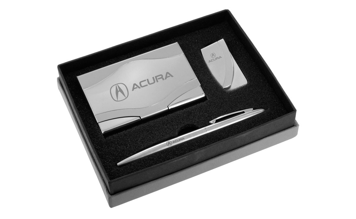 Acura Polished Business Card Holder, Money Clip & Pen Engravable Gift Set