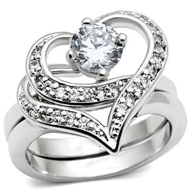 Womens Classy Carmen CZ Hearts - 2pc Engagement Ring Commitment Anniversary Ring (Silver Color)