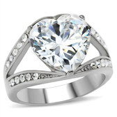 Womens Engagement Ring / Promise Wedding Ring for Women. Big Bursting Heart - Cubic Zirconia Ring - Steel 
