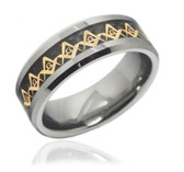 Tungsten Carbide Freemason Ring / Masonic Rings for sale - Gold and Black Inlay Tungsten Ring for Mason. Freemason Jewelry. Tungsten mason rings for sale