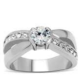 Womens Side Line and Middle Stone CZ Ring - Stainless Steel Engagement Ring / Wedding Band for Women