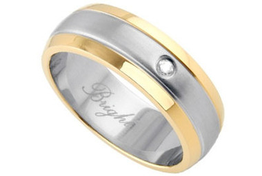 Mens Wedding Ring - Stainless Steel Center w/ Gold Rims and CZ Stone - 316L Stainless Steel Wedding Band