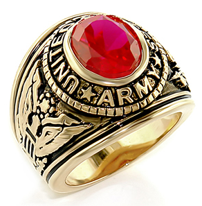 Army Ring - U.S. Armed Forces Military Ring (Gold with Red Stone). United States Soldiers, Veterans, etc. 