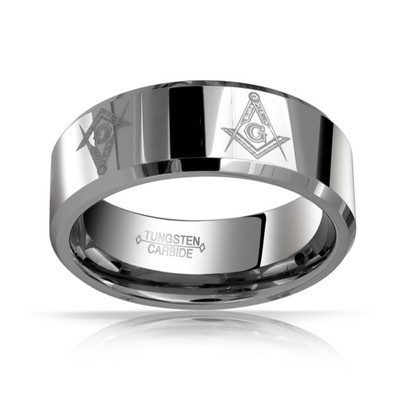 Black Ion Plated Comfort Fit Beveled Edge Tungsten Carbide Wedding Band Jewelry Avalanche 8mm Masonic Symbol Tungsten Ring 2-Tone Tungsten Anniversary Band 