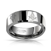 Freemason Tungsten Ring with Beveled Edge (Non Faceted 8MM Masonic band) Steel color Masonic jewelry. masonic Rings