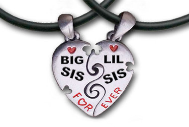 Two Piece - Big Sis & LiL Sis Necklaces - 2 Pewter Pendants with 2 black PVC ropes/chains included - Black and red text.
