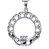 Womens Claddagh Oval Irish Celtic Pendant w/ Chain Necklace (Heart, Crown & Triquetra Symbols) - Stainless Steel Jewelry