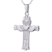 Unisex Claddagh Cross - Irish Celtic Pendant w/ Chain Necklace (Heart & Crown) - Stainless Steel Commitment Jewelry 