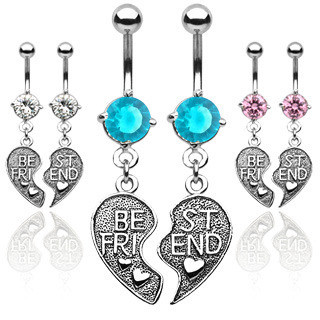 Two Piece - Best Friends - BFF Dangle Navel Ring - 2pc set (Belly / Body Jewelry) Pink, Blue or Clear CZ