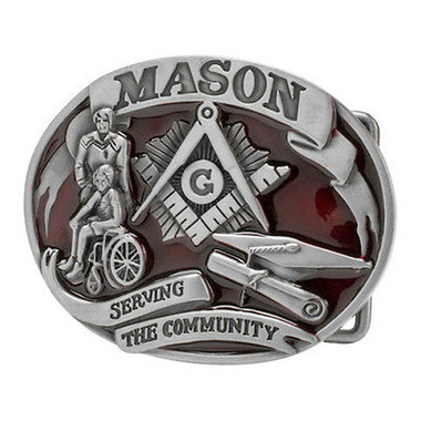 masonic buckle Serving The Community - Red Tone Freemason Belt Buckle / Masonic Buckle - Stainless Steel Brushed Masonic Rounded. Masonic Gifts.