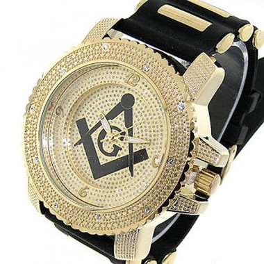 Masonic Watch - Black Silicone Band - Freemason Symbol - Black and Gold Face Dial Watch
