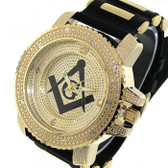 Masonic Watch - Black Silicone Band - Freemason Symbol - Black and Gold Face Dial Watches for men