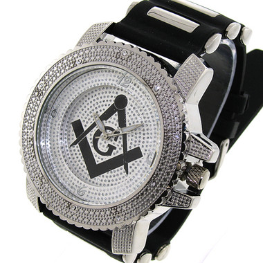 Masonic Watch - Black Silicone Band - Freemason Symbol - Black and Silver Face Dial Watch