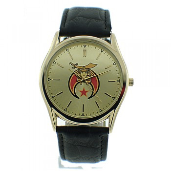 Masonic Shriner Watches on sale - Gold Face Black Leather Band - Colorful Masonic Symbol Dial Watch