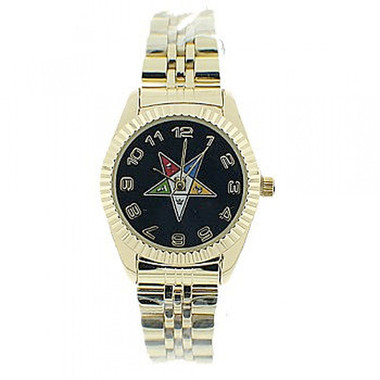 Order of the Eastern Star Watches - OES Symbol on Gold Color Steel Band - Masonic icon with Black Face Dial