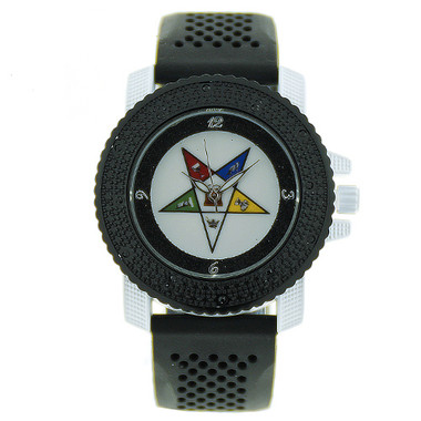 Order of the Eastern Star Watch - Black Silicone Band - OES Symbol - CZ Bling Face Dial Watch