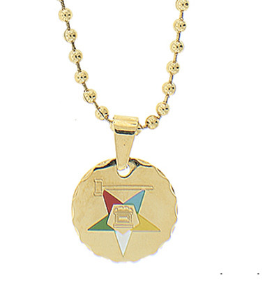 Order of the Eastern Star Round Pendant - Gold Color Steel with OES Symbol Necklace