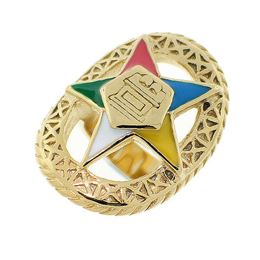 Order of the Eastern Star Ring - Gold Color Steel Webbed Band with OES Symbol. Masonic Jewelry.